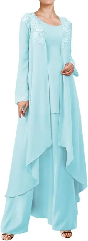 3 Pieces Mother of The Bride Dressy Long Sleeve Pant Suits with Jacket for Wedding Guest Dress