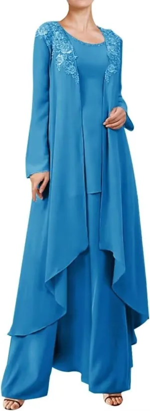 3 Pieces Mother of The Bride Dressy Long Sleeve Pant Suits with Jacket for Wedding Guest Dress