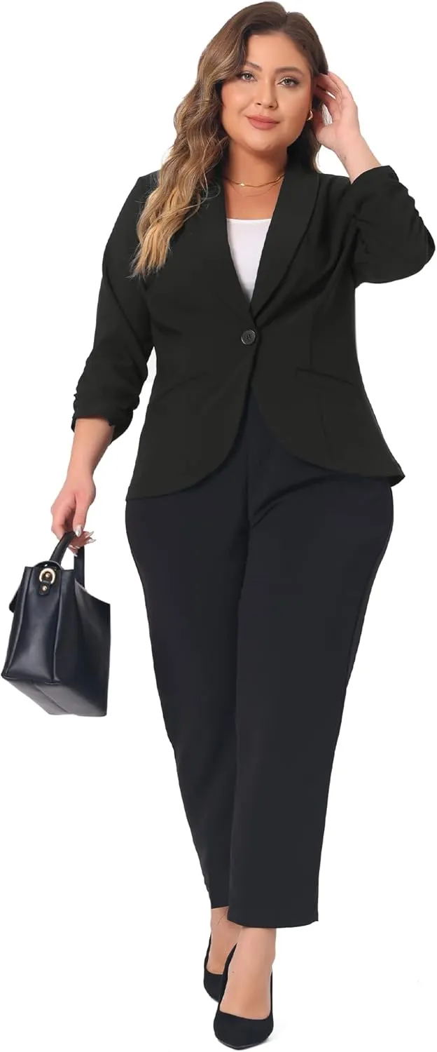 Agnes Orinda Plus Size Blazer for Women 3/4 Ruched Sleeve Open Front Lightweight Work Office Suit Jacket