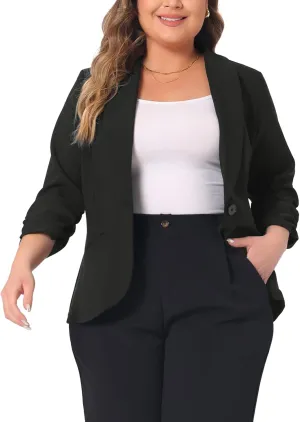 Agnes Orinda Plus Size Blazer for Women 3/4 Ruched Sleeve Open Front Lightweight Work Office Suit Jacket