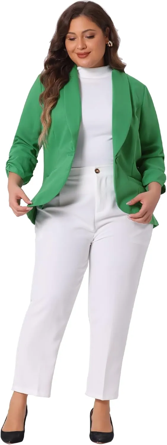 Agnes Orinda Plus Size Blazer for Women 3/4 Ruched Sleeve Open Front Lightweight Work Office Suit Jacket