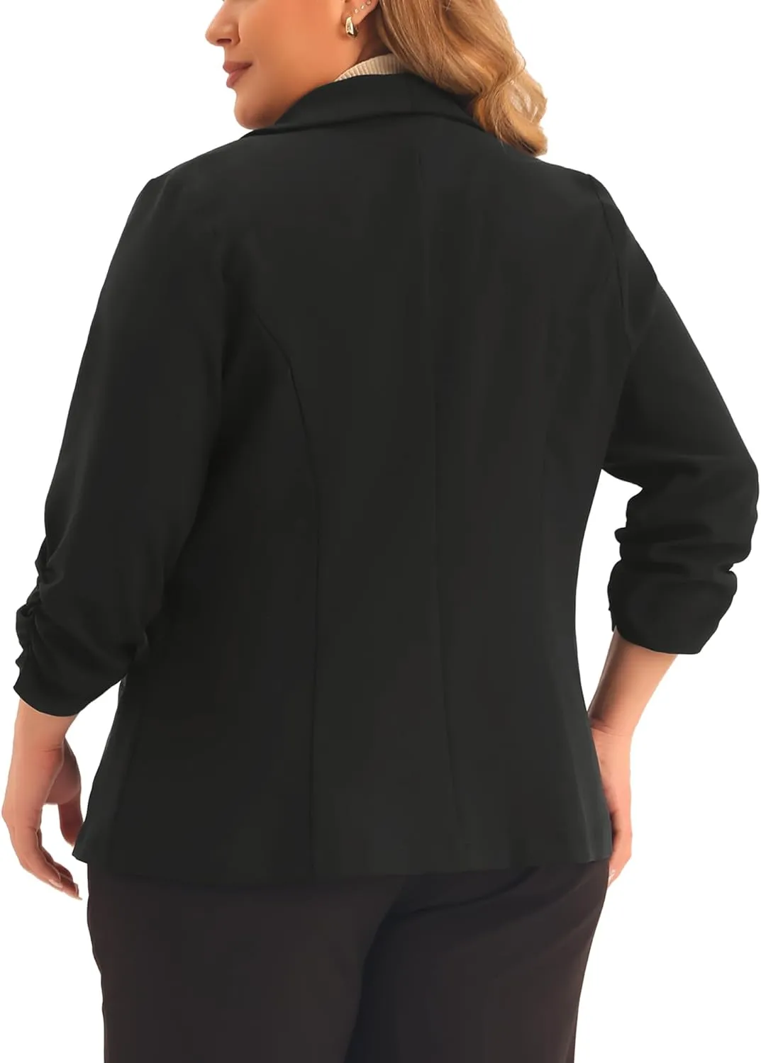 Agnes Orinda Plus Size Blazer for Women 3/4 Ruched Sleeve Open Front Lightweight Work Office Suit Jacket
