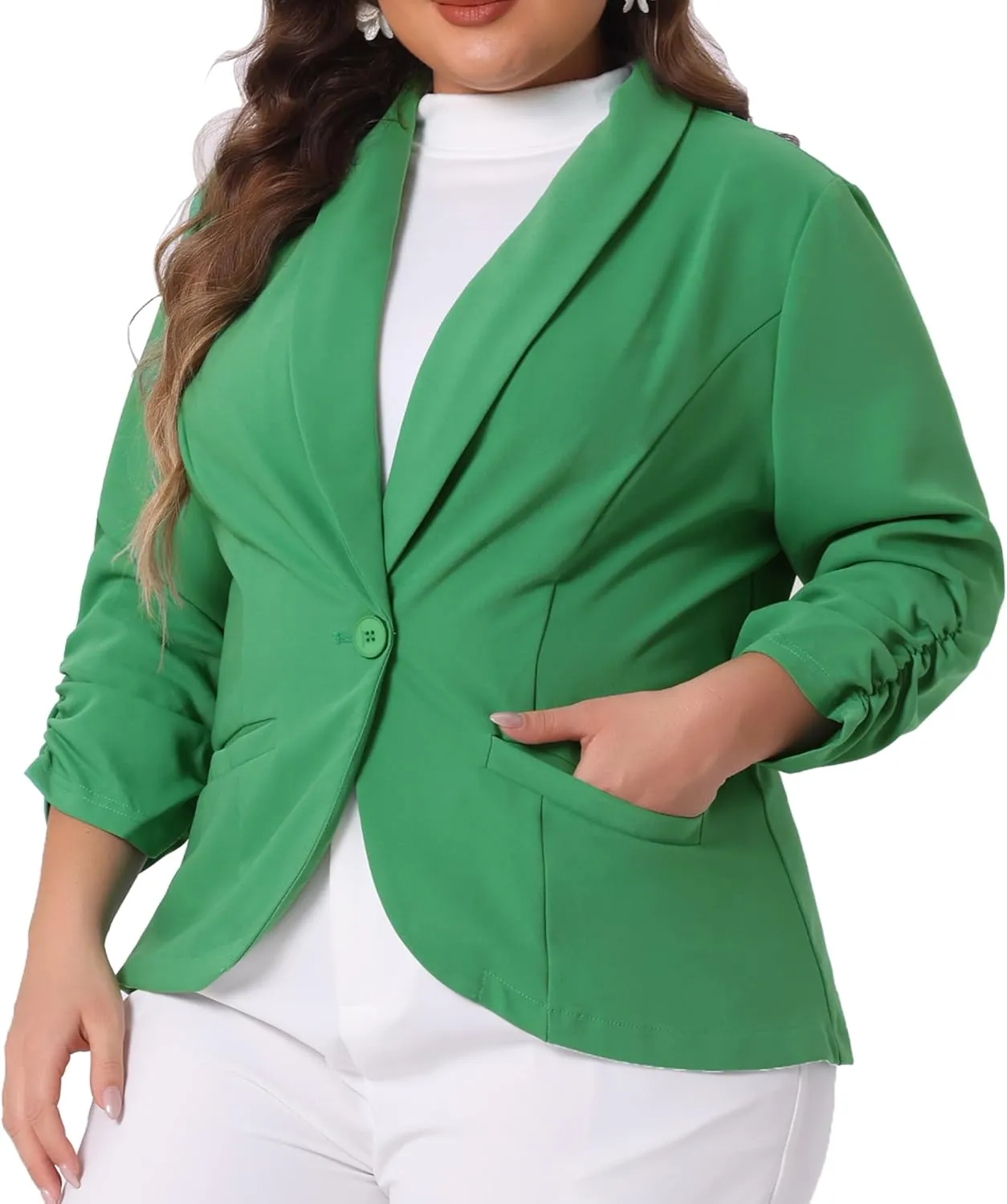 Agnes Orinda Plus Size Blazer for Women 3/4 Ruched Sleeve Open Front Lightweight Work Office Suit Jacket