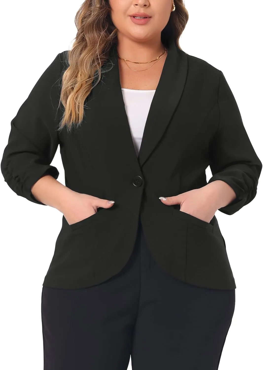 Agnes Orinda Plus Size Blazer for Women 3/4 Ruched Sleeve Open Front Lightweight Work Office Suit Jacket