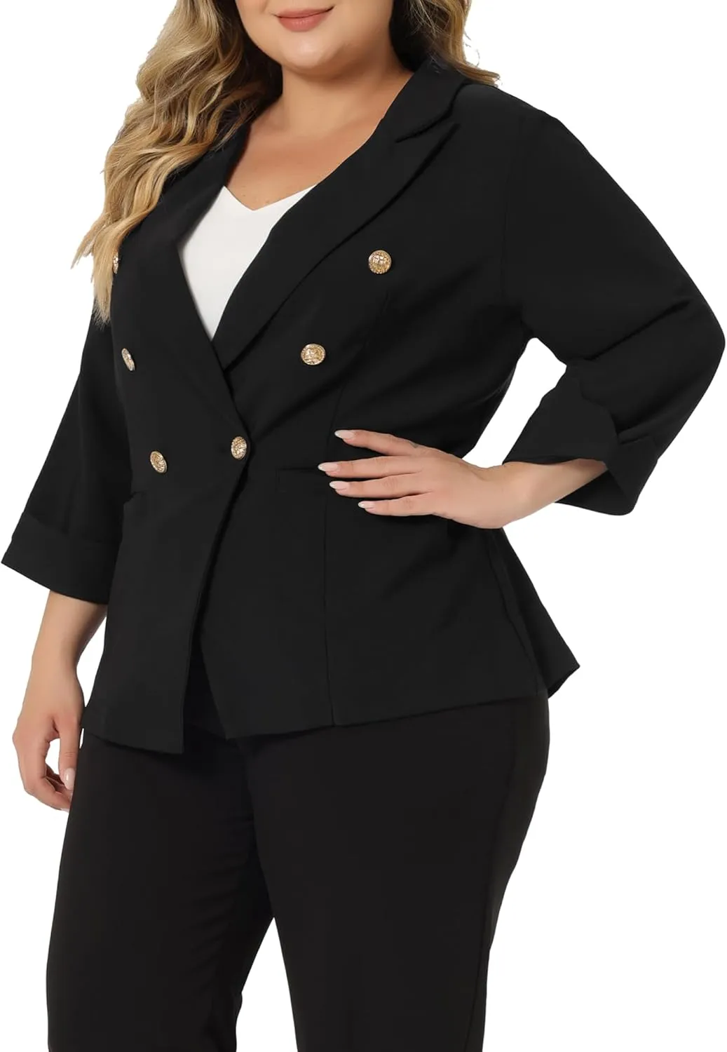 Agnes Orinda Plus Size Business Suit Blazer for Women Office Work Button 3/4 Sleeve Black Blazers Jackets