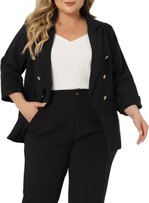 Agnes Orinda Plus Size Business Suit Blazer for Women Office Work Button 3/4 Sleeve Black Blazers Jackets