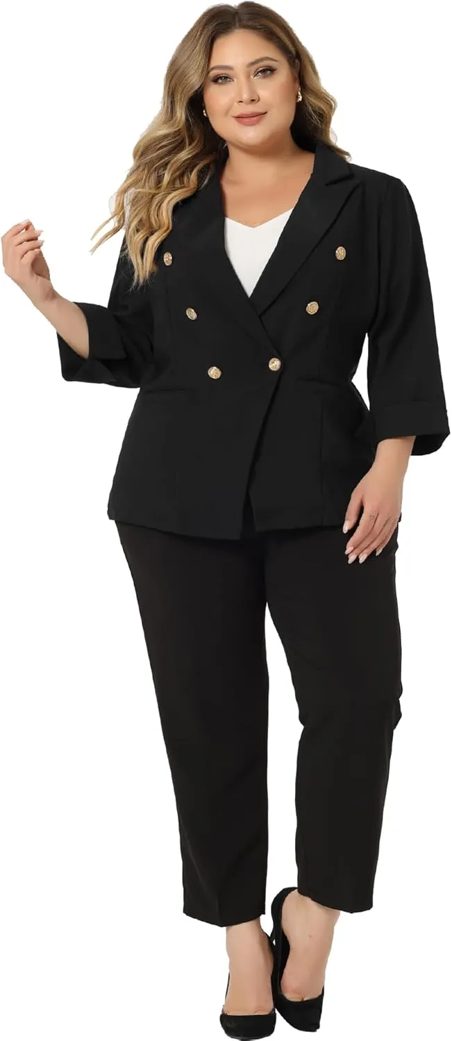 Agnes Orinda Plus Size Business Suit Blazer for Women Office Work Button 3/4 Sleeve Black Blazers Jackets