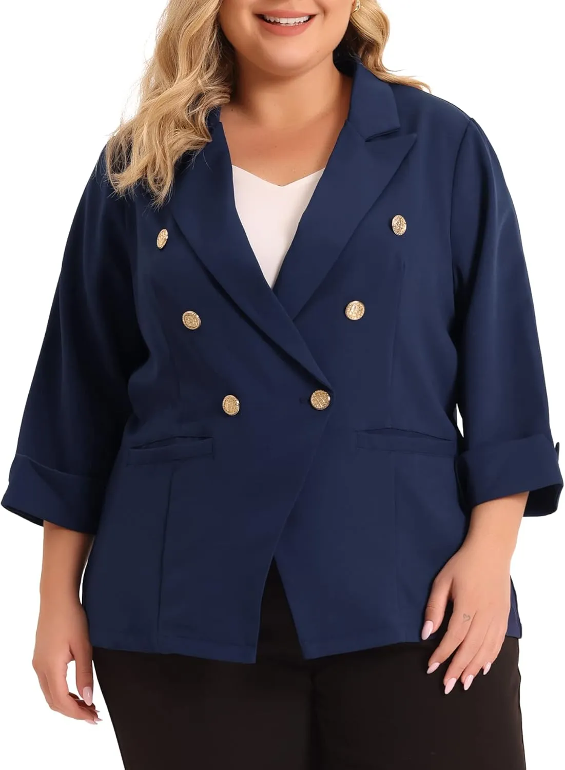 Agnes Orinda Plus Size Business Suit Blazer for Women Office Work Button 3/4 Sleeve Black Blazers Jackets