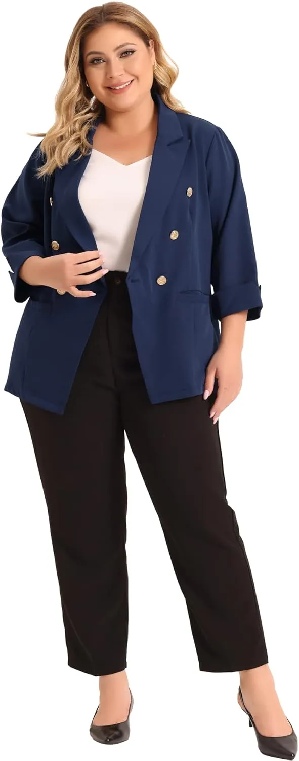 Agnes Orinda Plus Size Business Suit Blazer for Women Office Work Button 3/4 Sleeve Black Blazers Jackets