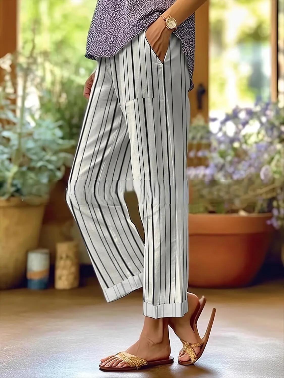 Akivide Women's Floral Cropped Linen Pants Summer Elastic Waist Straight Leg Casual Beach Trousers with Pockets