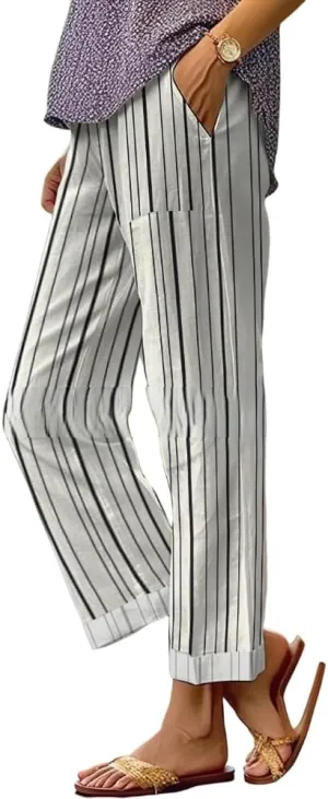 Akivide Women's Floral Cropped Linen Pants Summer Elastic Waist Straight Leg Casual Beach Trousers with Pockets