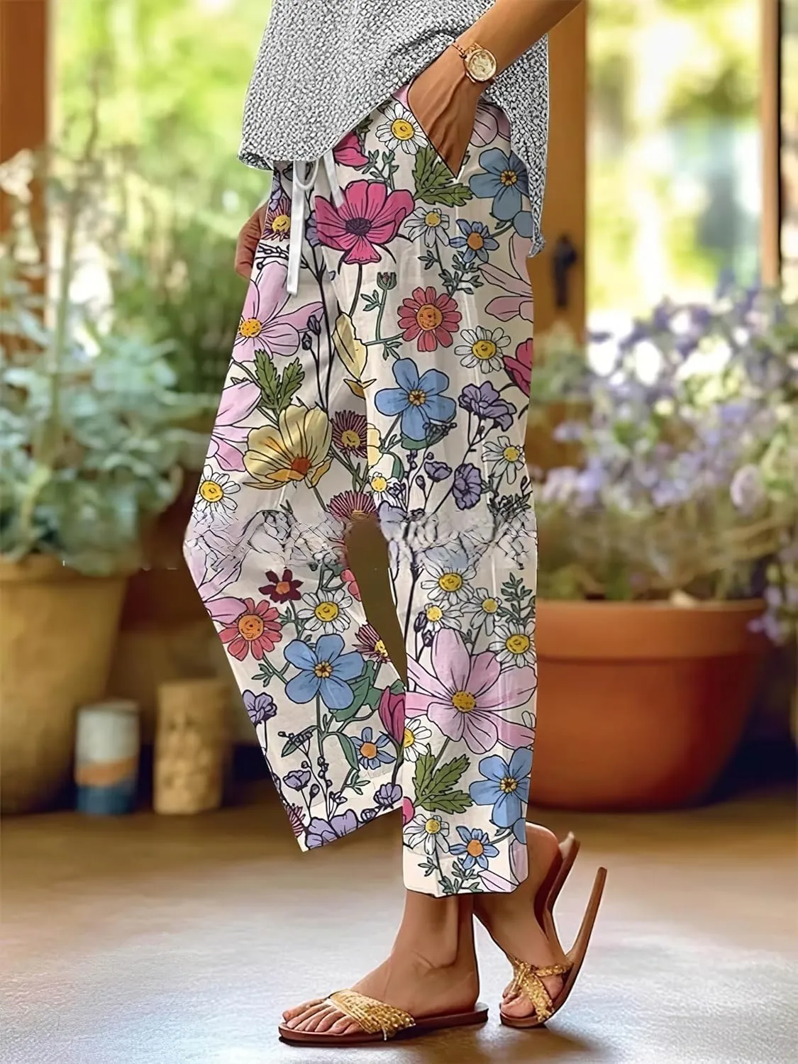 Akivide Women's Floral Cropped Linen Pants Summer Elastic Waist Straight Leg Casual Beach Trousers with Pockets
