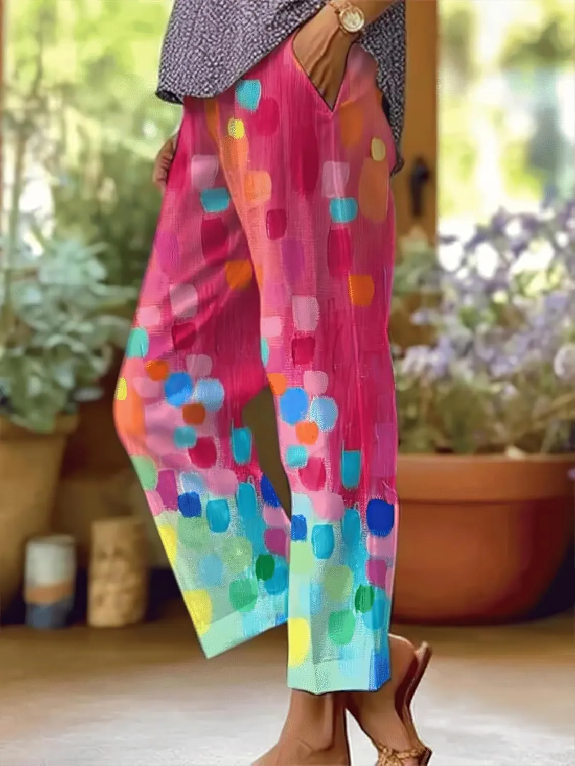 Akivide Women's Floral Cropped Linen Pants Summer Elastic Waist Straight Leg Casual Beach Trousers with Pockets