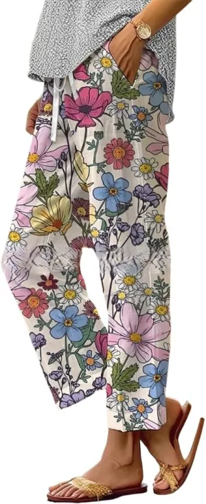 Akivide Women's Floral Cropped Linen Pants Summer Elastic Waist Straight Leg Casual Beach Trousers with Pockets