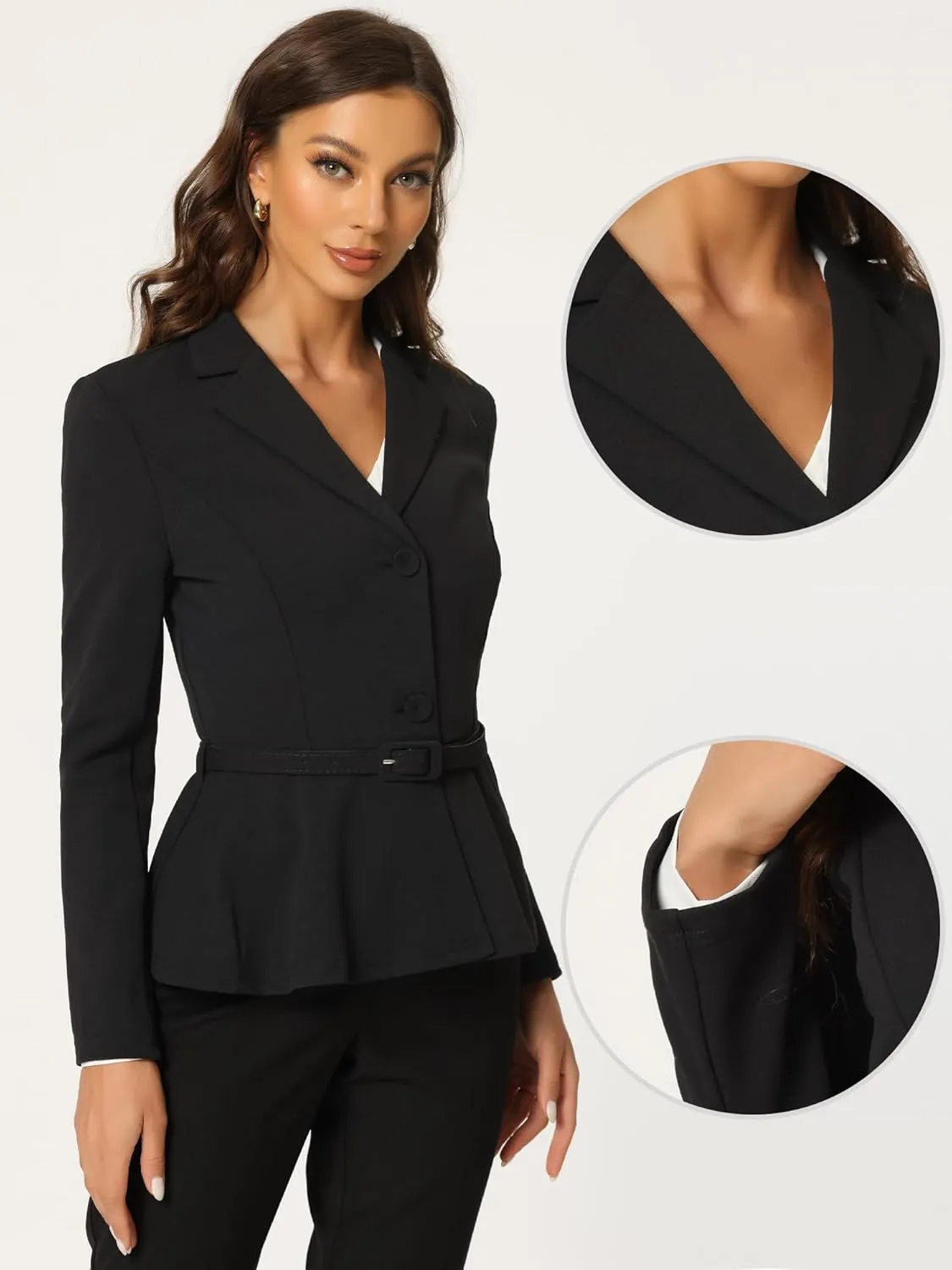 Allegra K Vintage Blazer for Women's Ruffle Hem Belted Notched Lapel Office Work Blazers