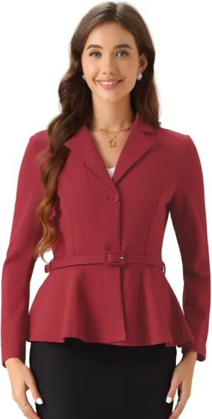 Allegra K Vintage Blazer for Women's Ruffle Hem Belted Notched Lapel Office Work Blazers