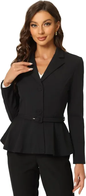 Allegra K Vintage Blazer for Women's Ruffle Hem Belted Notched Lapel Office Work Blazers
