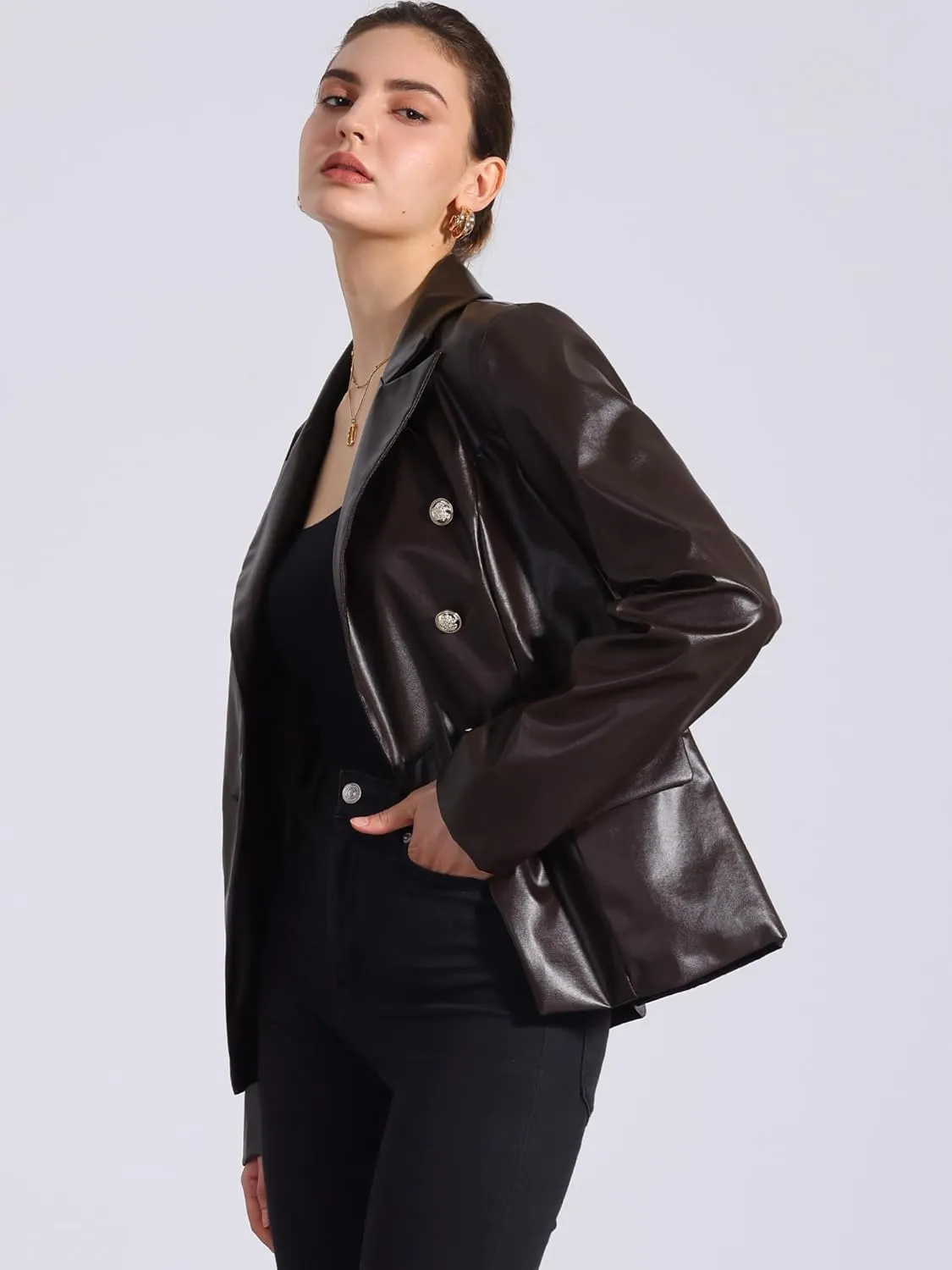 Allegra K Women's Faux PU Leather Blazers Double Breasted Motorcycle Moto Biker Jackets