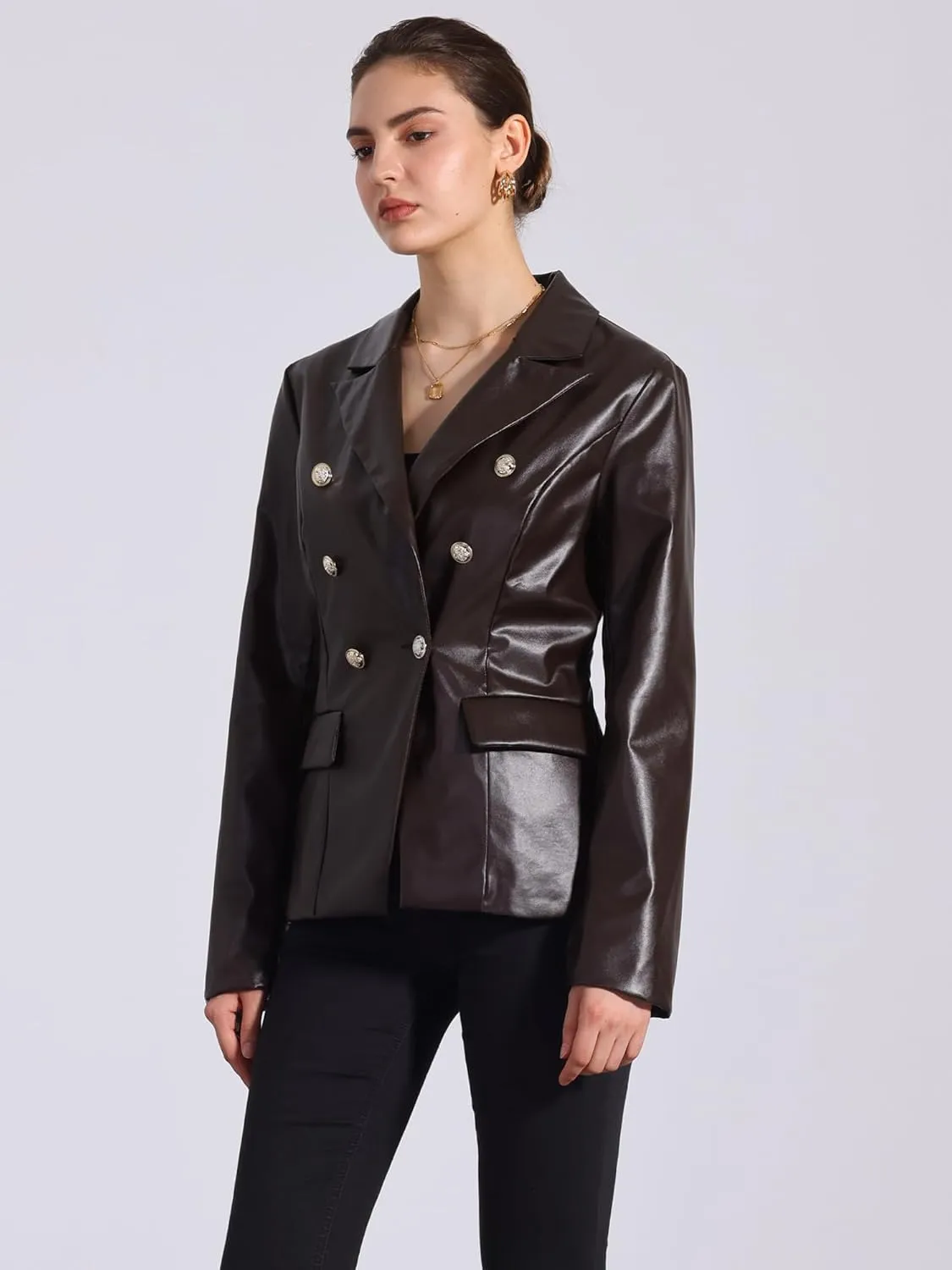 Allegra K Women's Faux PU Leather Blazers Double Breasted Motorcycle Moto Biker Jackets