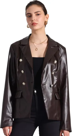 Allegra K Women's Faux PU Leather Blazers Double Breasted Motorcycle Moto Biker Jackets