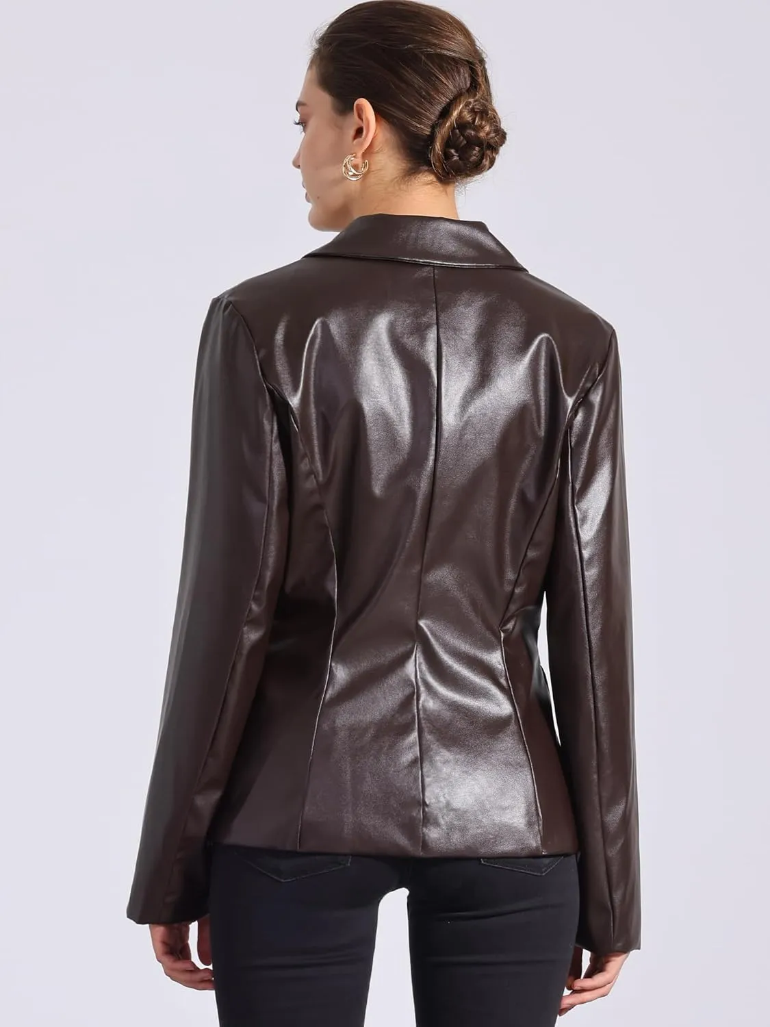 Allegra K Women's Faux PU Leather Blazers Double Breasted Motorcycle Moto Biker Jackets