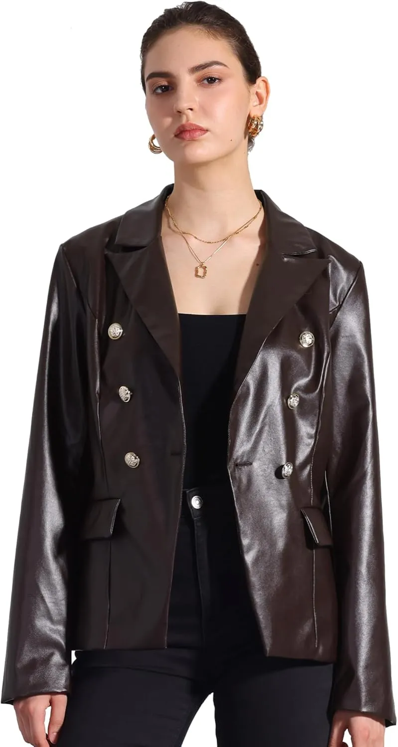 Allegra K Women's Faux PU Leather Blazers Double Breasted Motorcycle Moto Biker Jackets