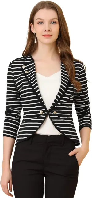 Allegra K Women's Notched Lapel Casual Work Office Striped Blazer