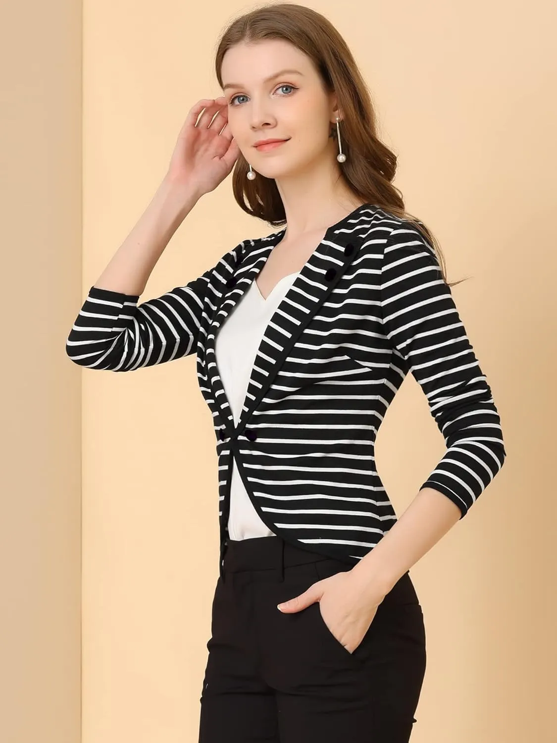 Allegra K Women's Notched Lapel Casual Work Office Striped Blazer