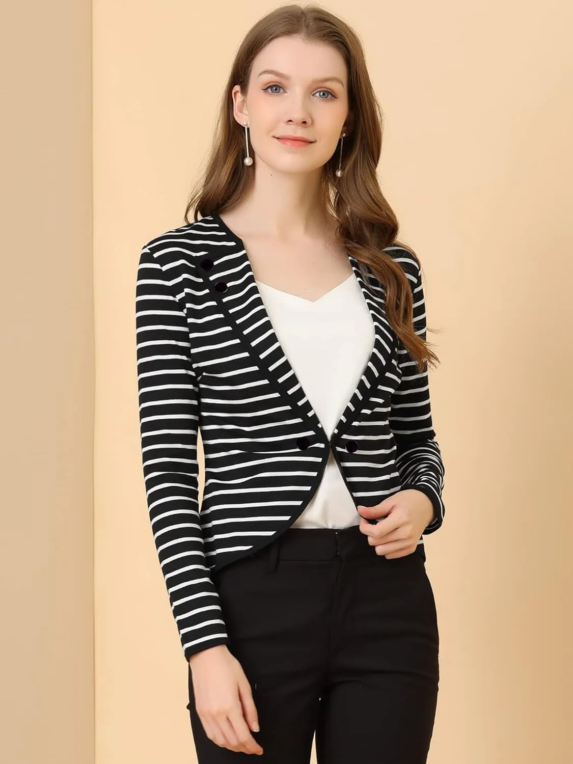 Allegra K Women's Notched Lapel Casual Work Office Striped Blazer