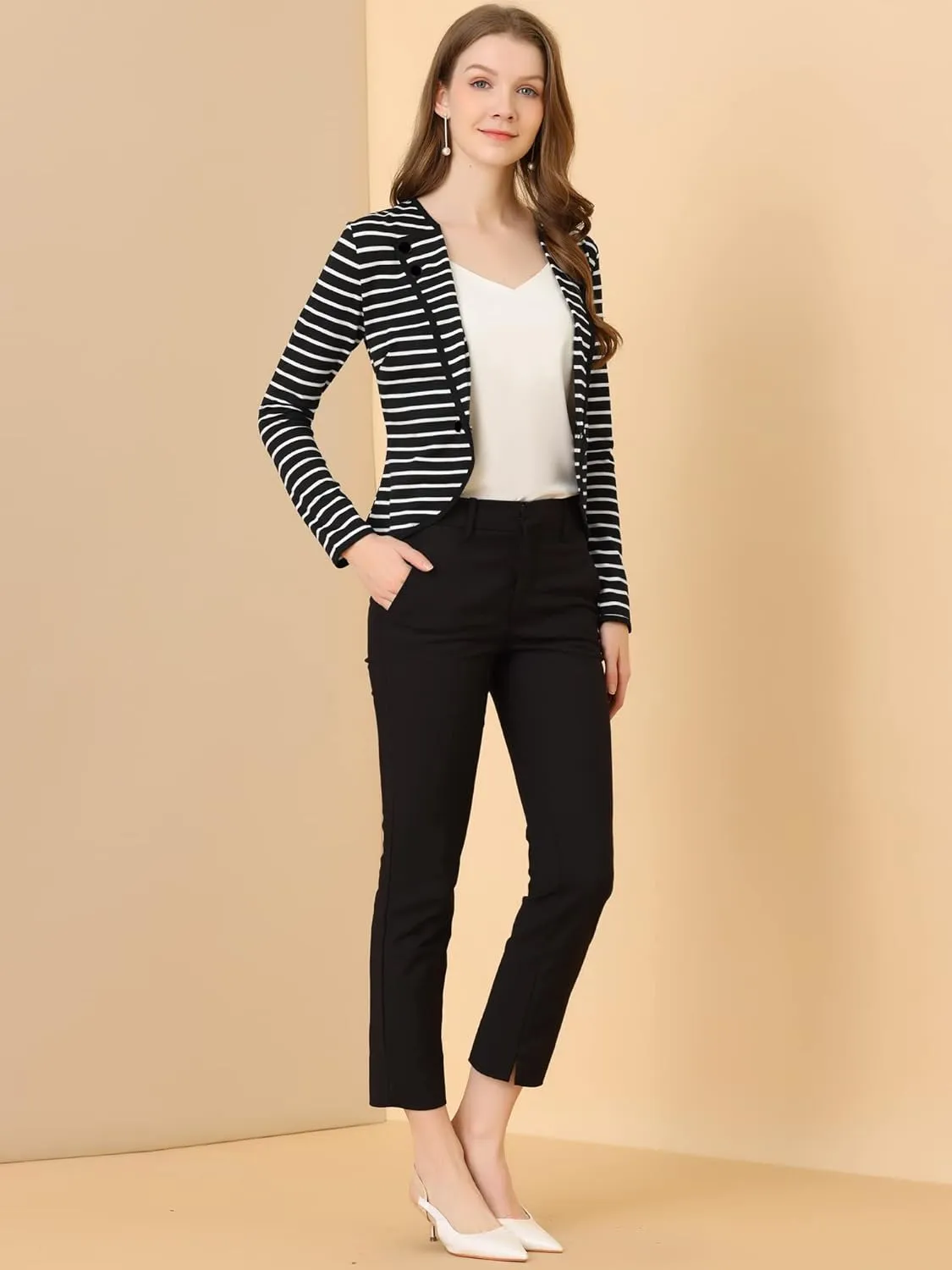 Allegra K Women's Notched Lapel Casual Work Office Striped Blazer
