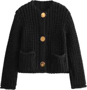 Arssm Womens Cropped Cardigan Sweaters Chunky Open Front Button Down Knit Sweater Long Sleeve Loose Cardigan Outerwear(Black-L)