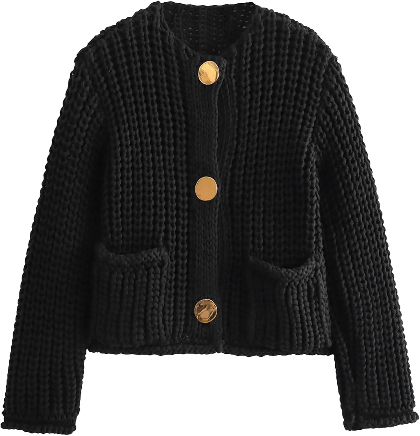 Arssm Womens Cropped Cardigan Sweaters Chunky Open Front Button Down Knit Sweater Long Sleeve Loose Cardigan Outerwear(Black-L)