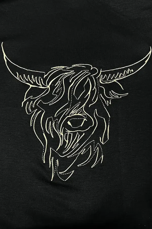 Bull Head Embroidered Round Neck T Shirt for Casual Wear