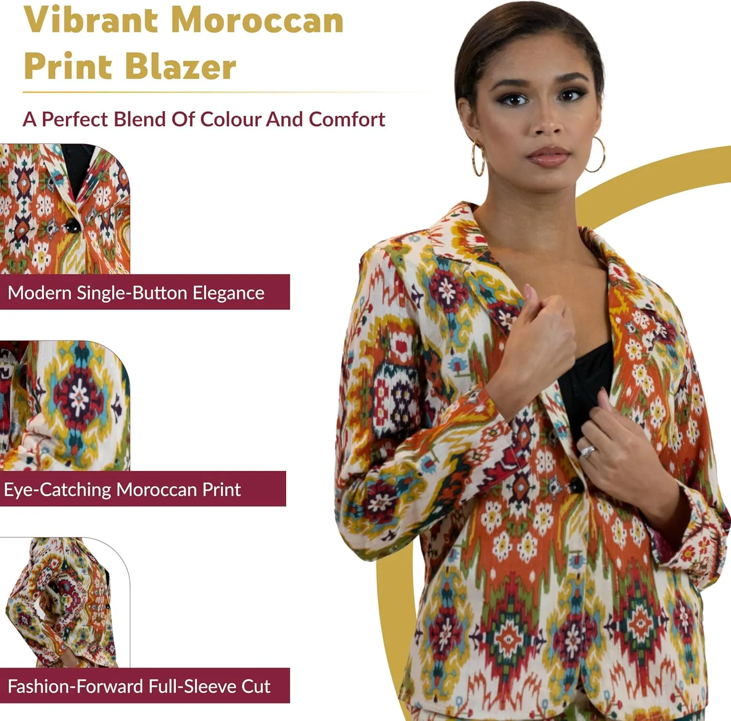 Business Casual Colorful Blazers & Pant Suits for Women Dressy with Pocket - Moroccan Print Women's Suits