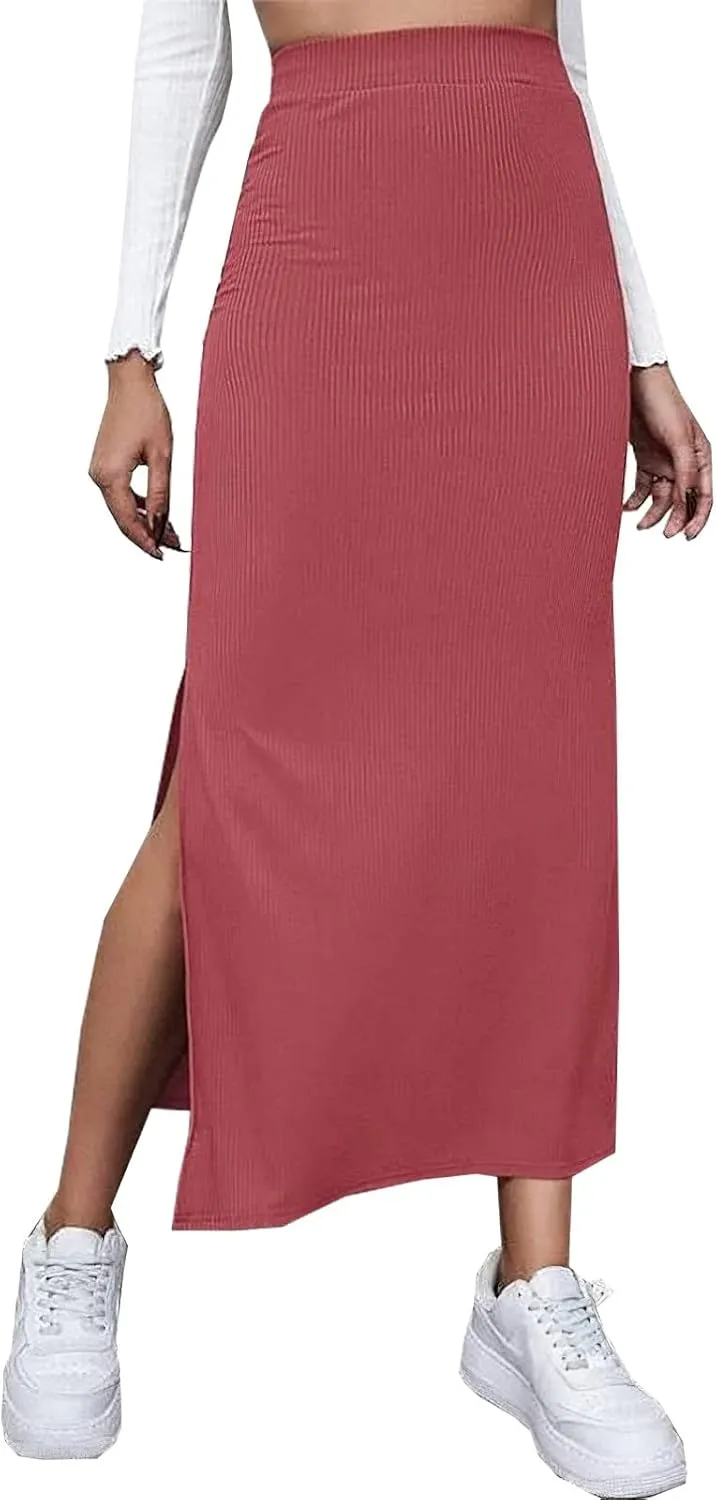 CHARTOU Women's Knitted Stretchy High Waist Straight Slit Pencil Bodycon Long Skirt