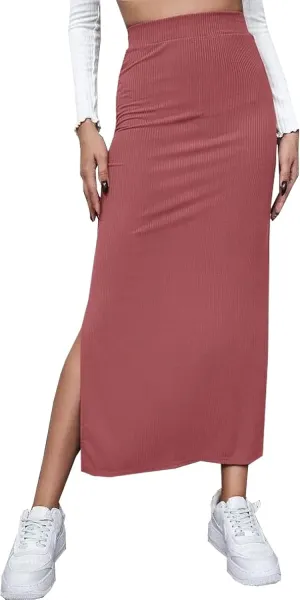 CHARTOU Women's Knitted Stretchy High Waist Straight Slit Pencil Bodycon Long Skirt