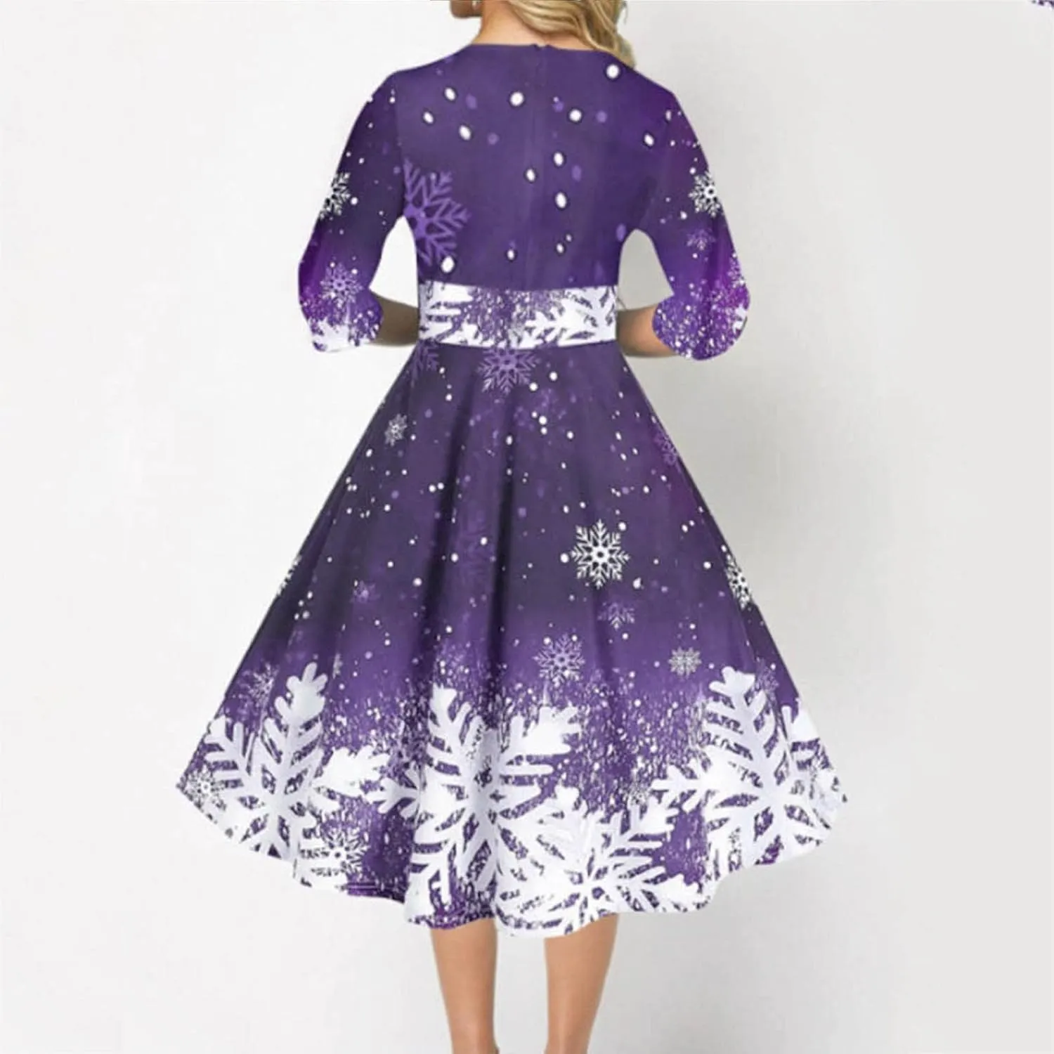 Christmas Dress Retro Fashion Christmas Print Round Neck Half Sleeve Tunic Dress Holiday Party Midi Swing Dress