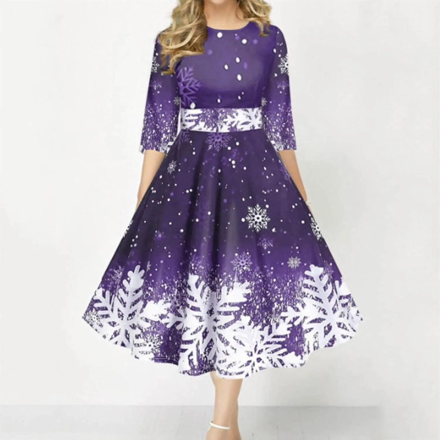 Christmas Dress Retro Fashion Christmas Print Round Neck Half Sleeve Tunic Dress Holiday Party Midi Swing Dress