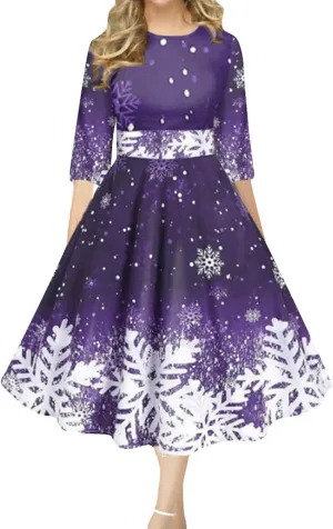 Christmas Dress Retro Fashion Christmas Print Round Neck Half Sleeve Tunic Dress Holiday Party Midi Swing Dress