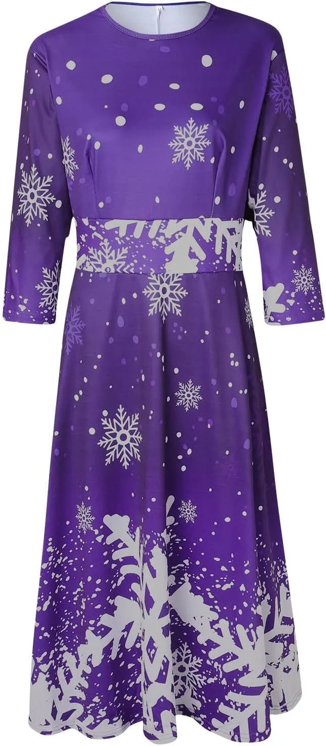 Christmas Dress Retro Fashion Christmas Print Round Neck Half Sleeve Tunic Dress Holiday Party Midi Swing Dress