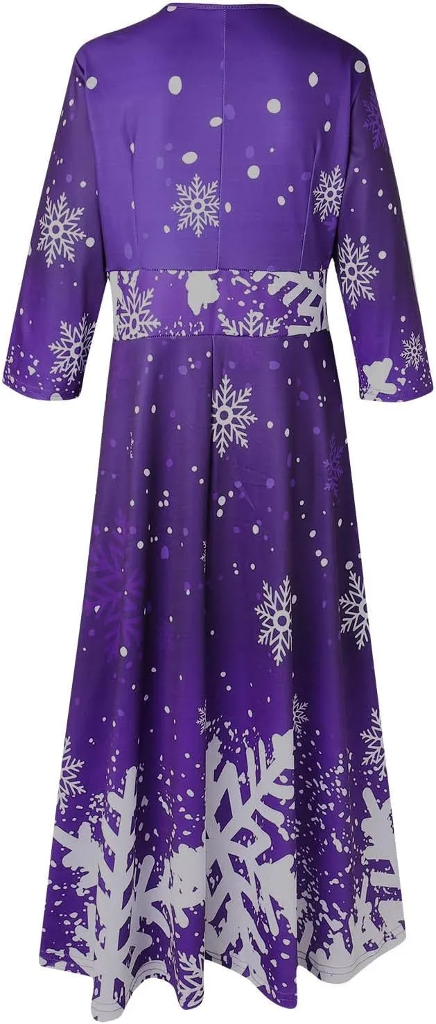 Christmas Dress Retro Fashion Christmas Print Round Neck Half Sleeve Tunic Dress Holiday Party Midi Swing Dress