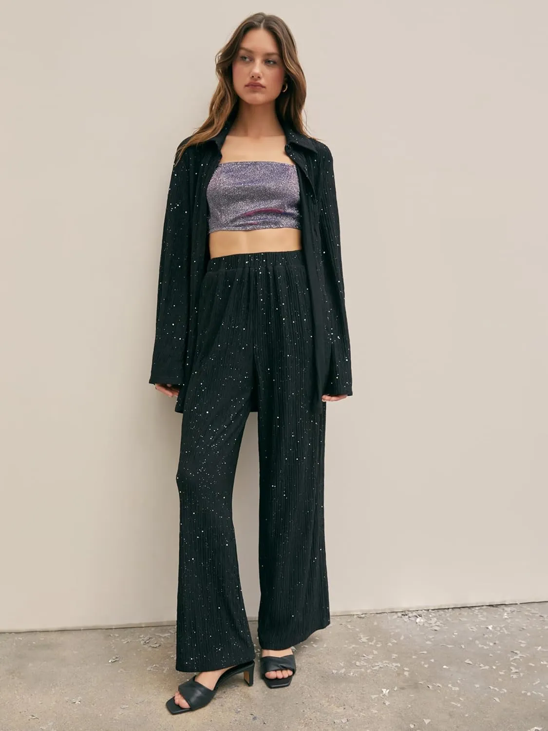 CIDER Glitter Pants for Women Wide Leg High Waist Sequin Pants Party Sparkle Night Out Pants