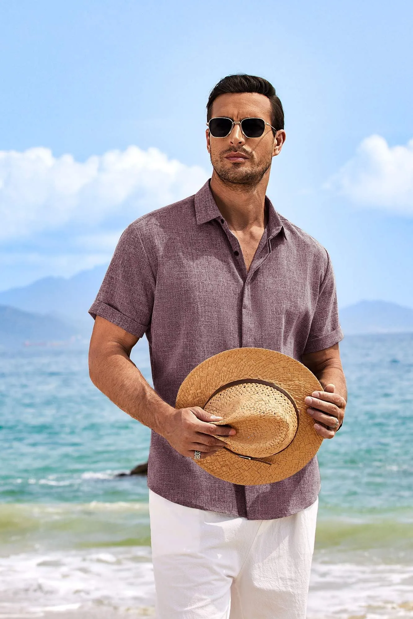 COOFANDY Men's Linen Shirts Short Sleeve Casual Shirts Button Down Shirt for Men Beach Summer Wedding Shirt Dark Red