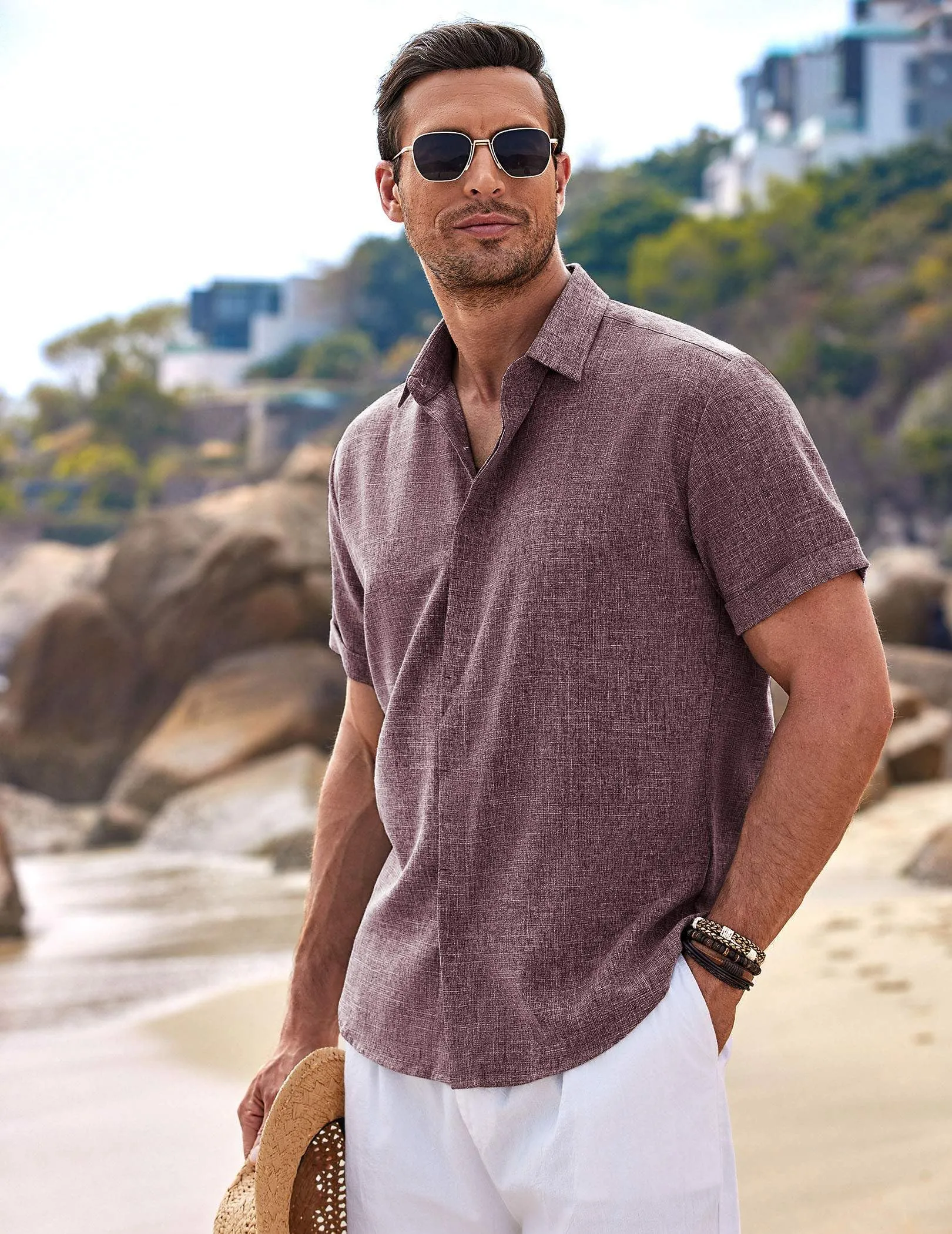 COOFANDY Men's Linen Shirts Short Sleeve Casual Shirts Button Down Shirt for Men Beach Summer Wedding Shirt Dark Red