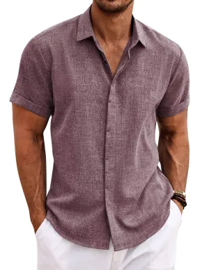 COOFANDY Men's Linen Shirts Short Sleeve Casual Shirts Button Down Shirt for Men Beach Summer Wedding Shirt Dark Red