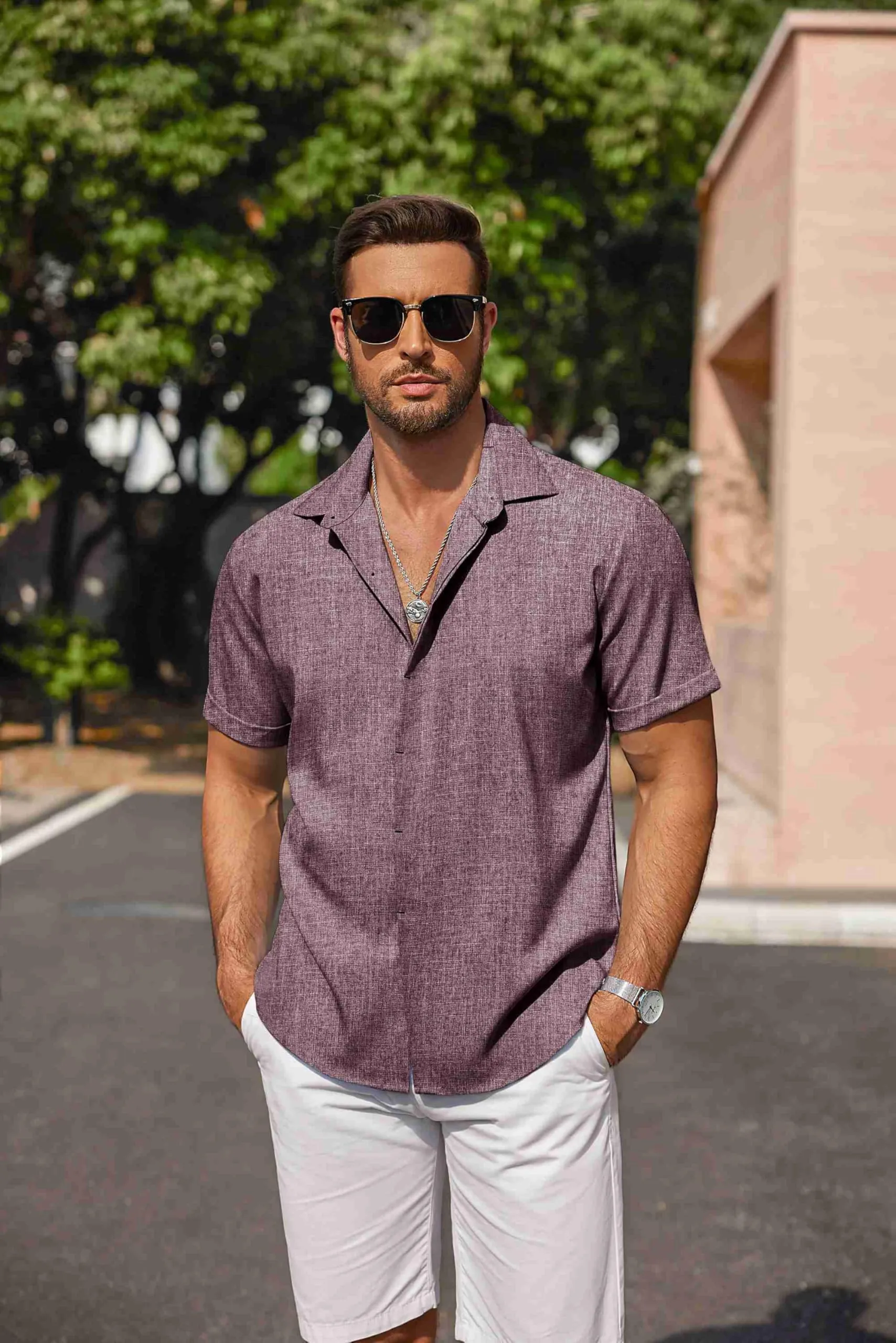 COOFANDY Men's Linen Shirts Short Sleeve Casual Shirts Button Down Shirt for Men Beach Summer Wedding Shirt Dark Red