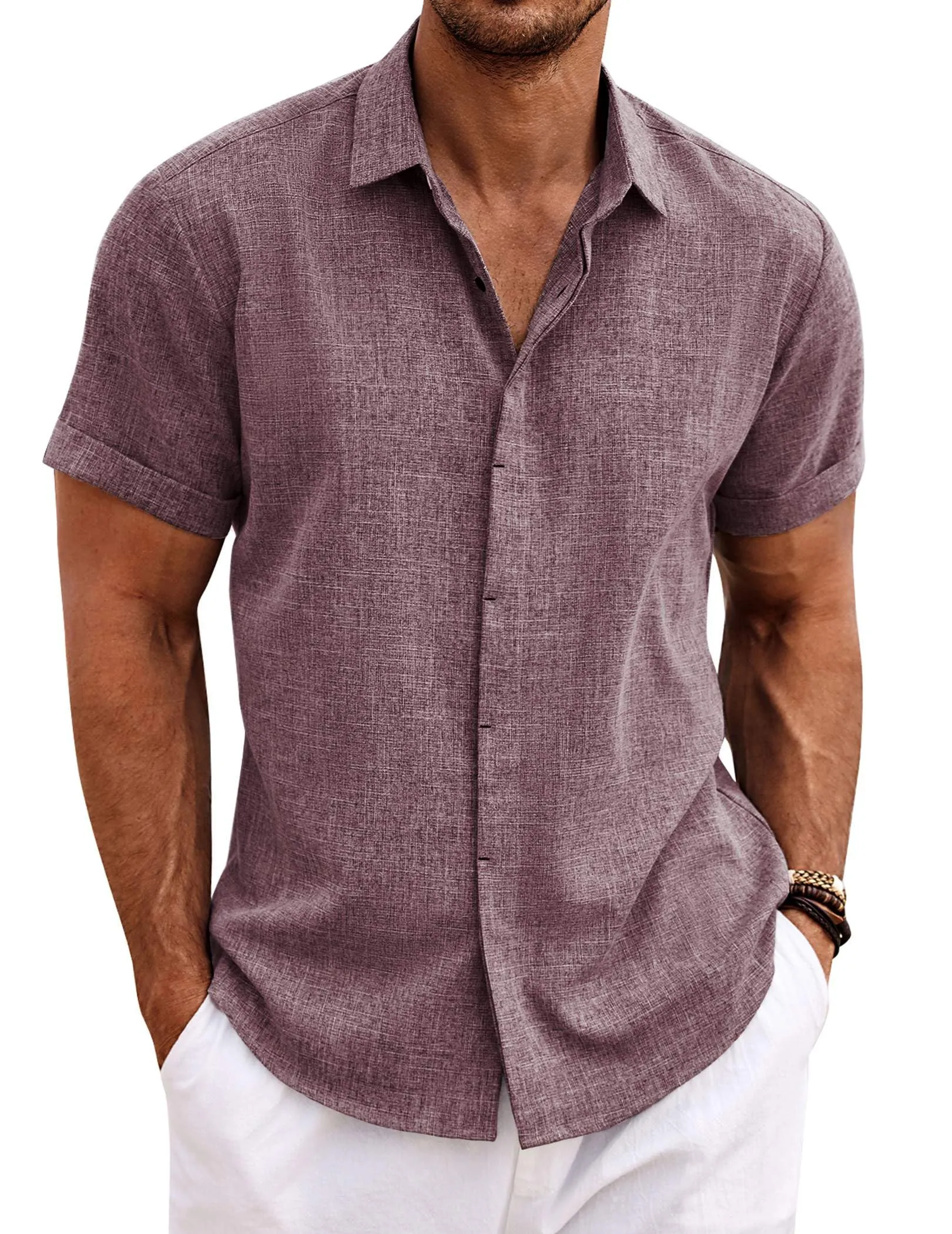 COOFANDY Men's Linen Shirts Short Sleeve Casual Shirts Button Down Shirt for Men Beach Summer Wedding Shirt Dark Red