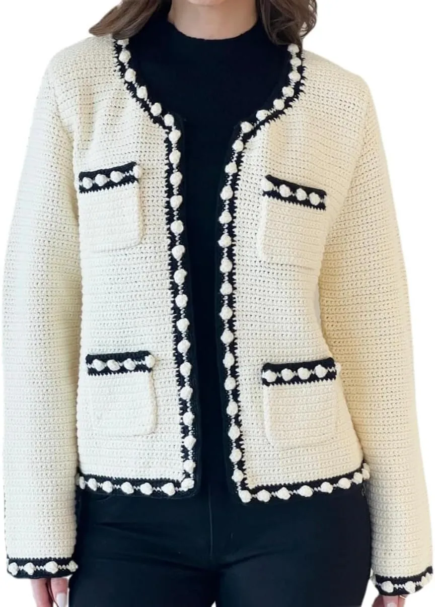 Cropped Cardigan for Women Open Front Jackie O Sweater Jacket Button Down Fall Chunky Knit Coats