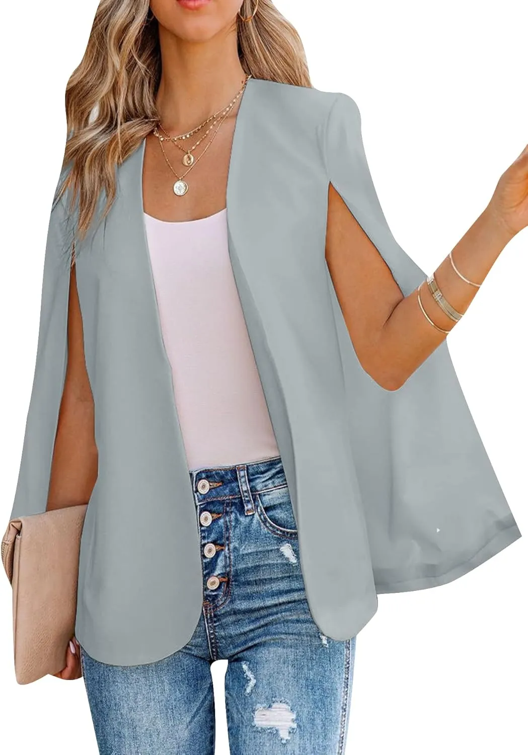 EFOFEI Womens Split Sleeve Lapel Blazers Casual Work Suit Open Front Cardigan with Pockets