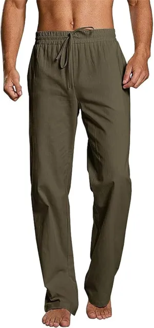 evzosrz Mens Casual Linen Pants Drawstring Elastic Waist Loose Fit Trousers Straight-Legs Yoga Beach Jogger Gym Sweatpants